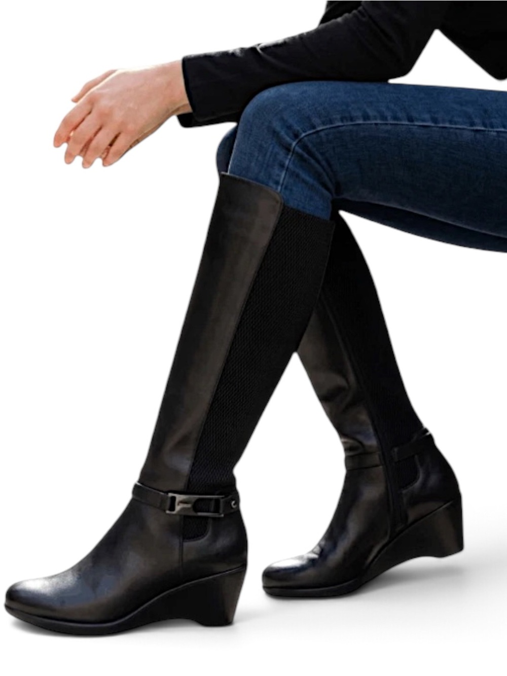 Blondo LAINA Tall Waterproof Black Wedge Knee-High Boots with Buckle Strap